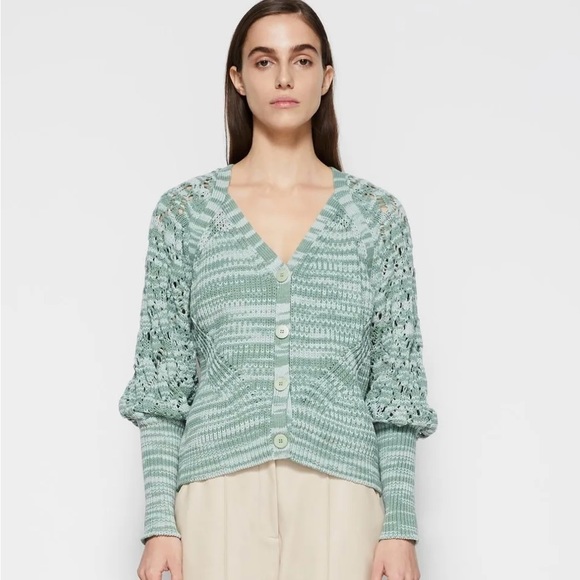 Jonathan Simkhai Adeline Crochet Sleeve V-Neck Cardigan Grandpa Sweater - Picture 1 of 9